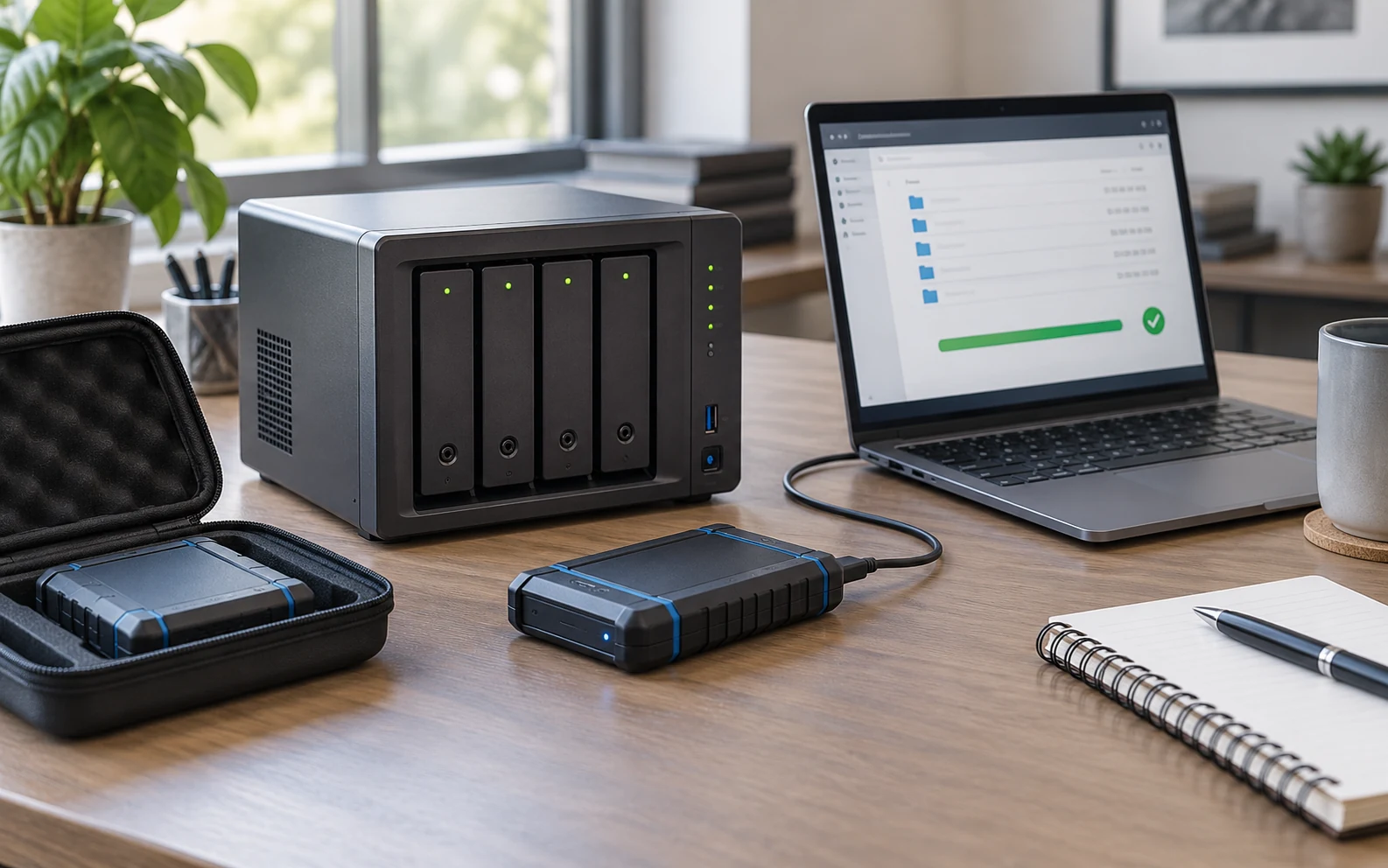 Backup storage appliance and portable drives beside a laptop showing file recovery