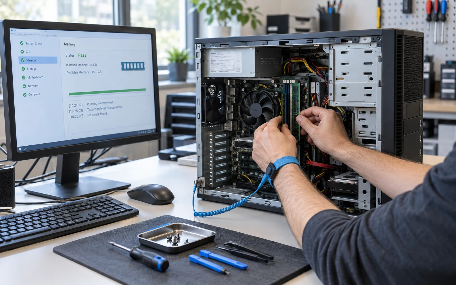 Technician checking a desktop computer beside a diagnostic monitor