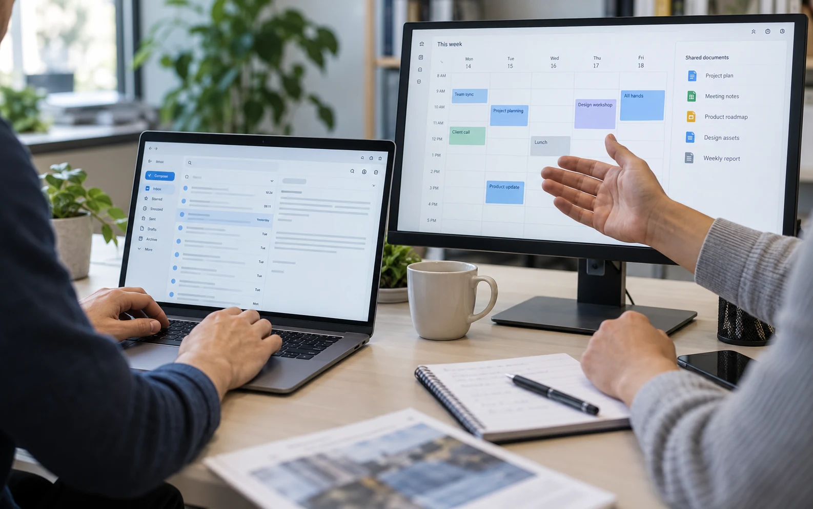 Colleagues using email and a shared calendar at an office workstation