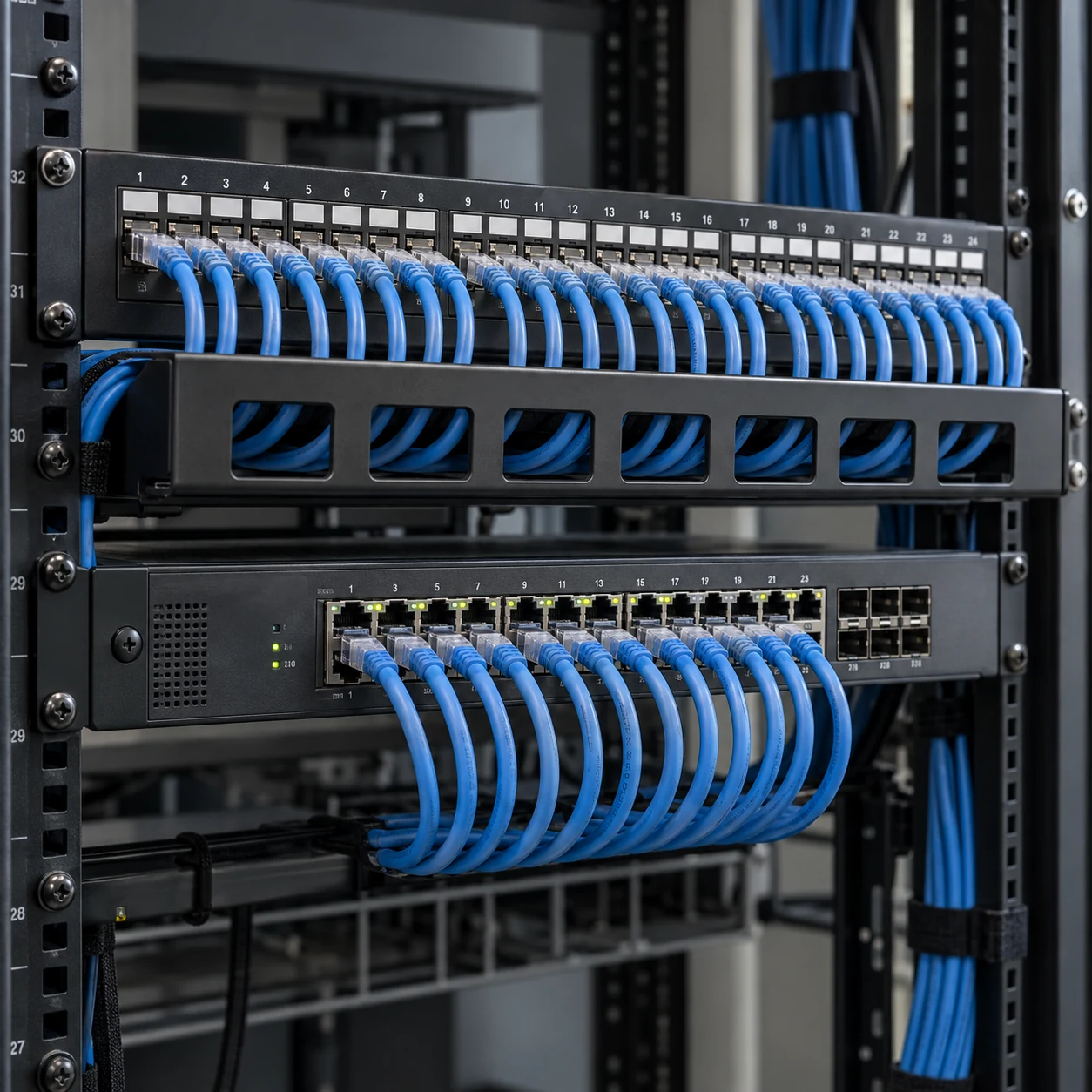 Network switch and patch panel with neatly routed blue Ethernet cables