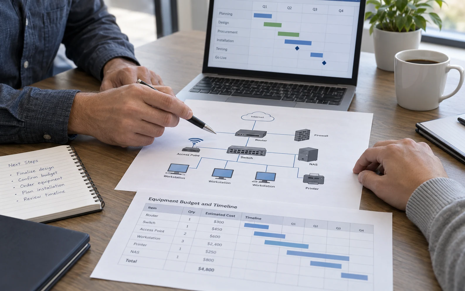 Illustration of IT planning with a network layout and equipment budget