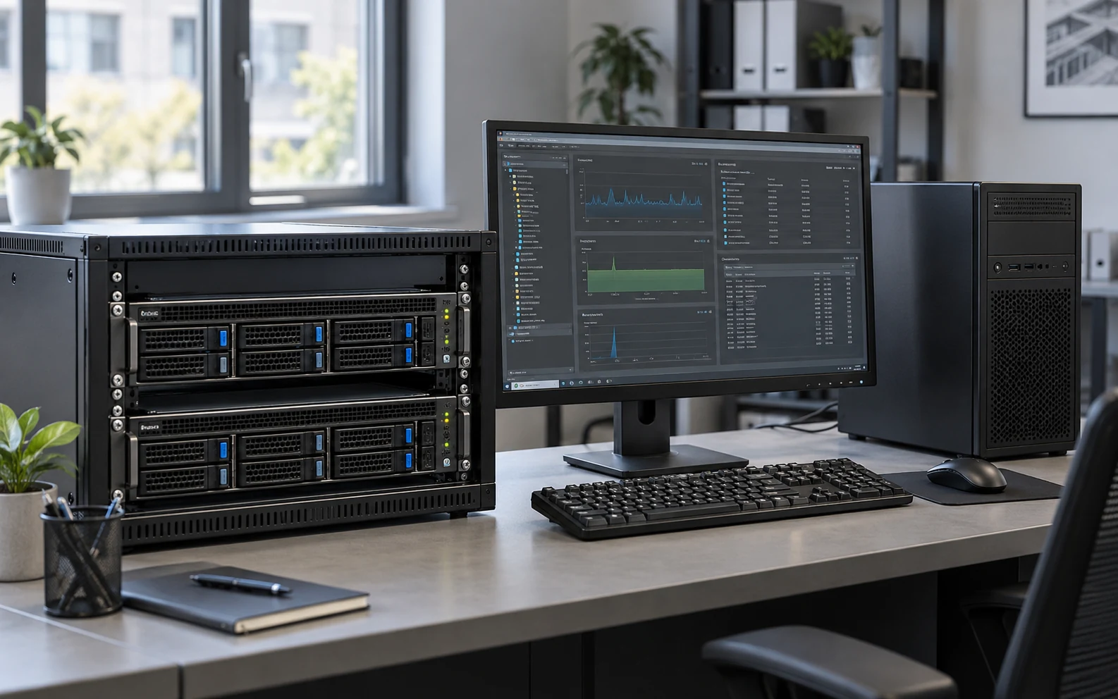 Rack-mounted business servers beside a desktop workstation