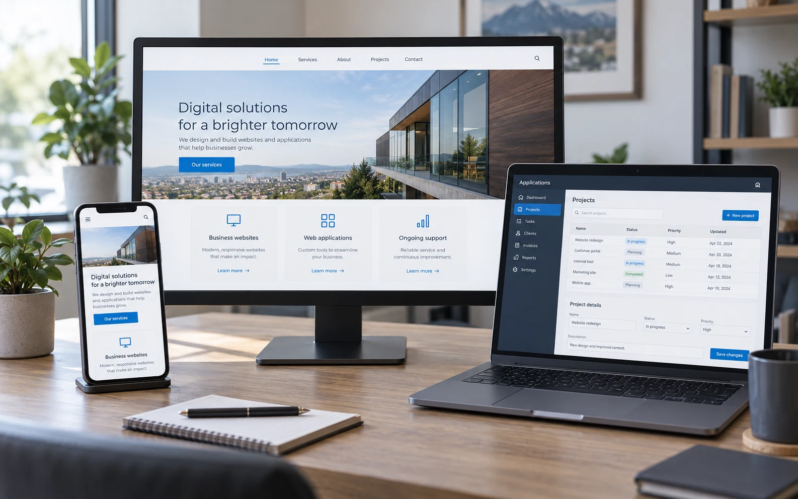 Business website on desktop and mobile screens beside a web application