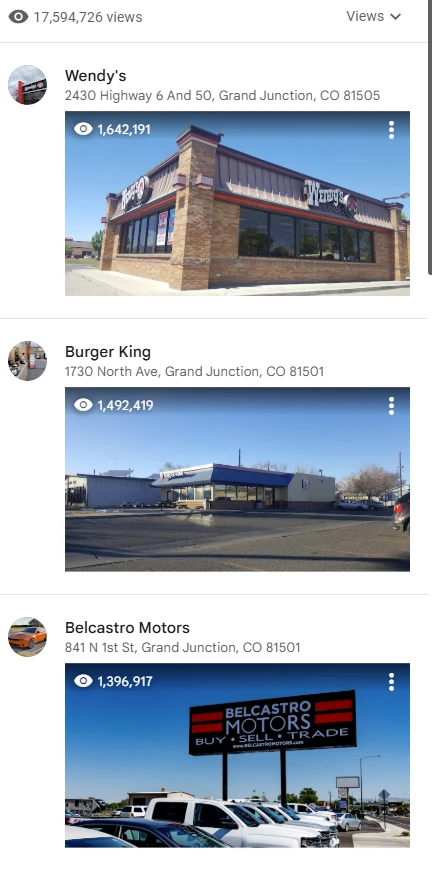 Google Maps contributor photo list showing 17,594,726 total views, with single photos of Grand Junction businesses at 1,642,191, 1,492,419, and 1,396,917 views.