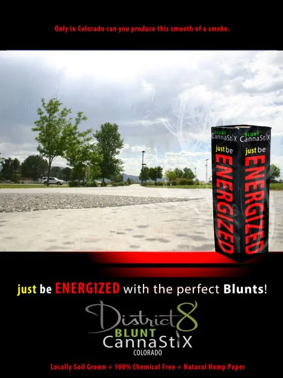 District 8 Blunt CannaStiX print ad designed by Jeremy Benisek: a 3D-rendered product box composited into a Colorado scene.