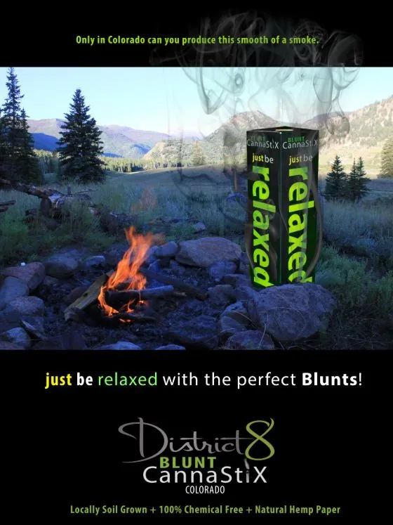 District 8 Blunt CannaStiX print ad designed by Jeremy Benisek: a 3D-rendered product box composited into a Colorado scene.