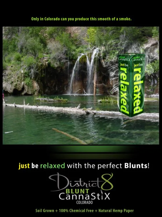 District 8 Blunt CannaStiX print ad designed by Jeremy Benisek: a 3D-rendered product box composited into a Colorado scene.