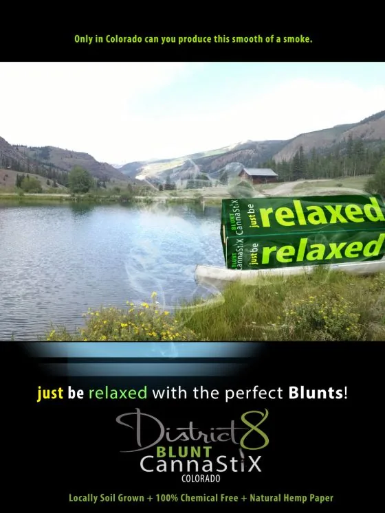 District 8 Blunt CannaStiX print ad designed by Jeremy Benisek: a 3D-rendered product box composited into a Colorado scene.