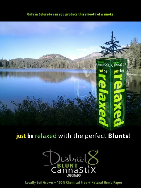 District 8 Blunt CannaStiX print ad designed by Jeremy Benisek: a 3D-rendered product box composited into a Colorado scene.