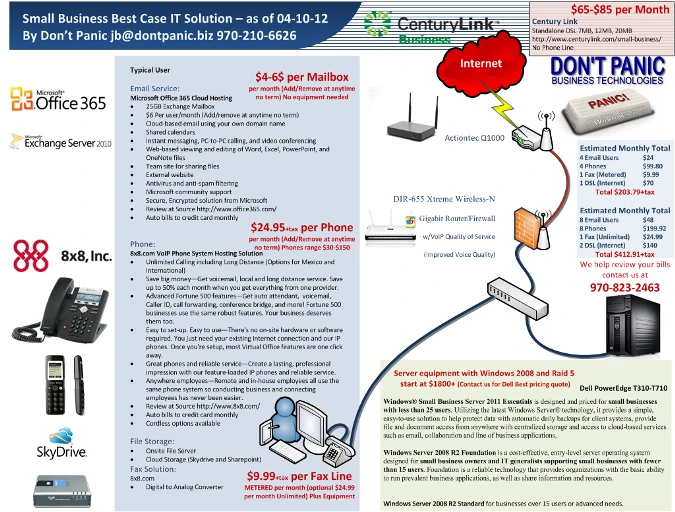 2012 Dont Panic small business IT solution sheet comparing hosted email, VoIP phones, internet service, file storage and server options with monthly totals.