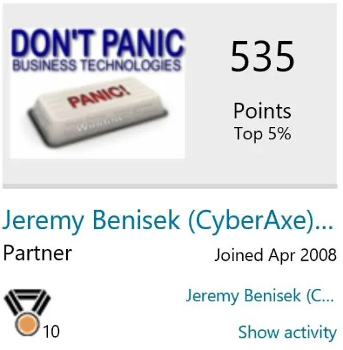 Microsoft TechNet community profile for Jeremy Benisek (CyberAxe): Partner, 535 points, Top 5%, joined April 2008.
