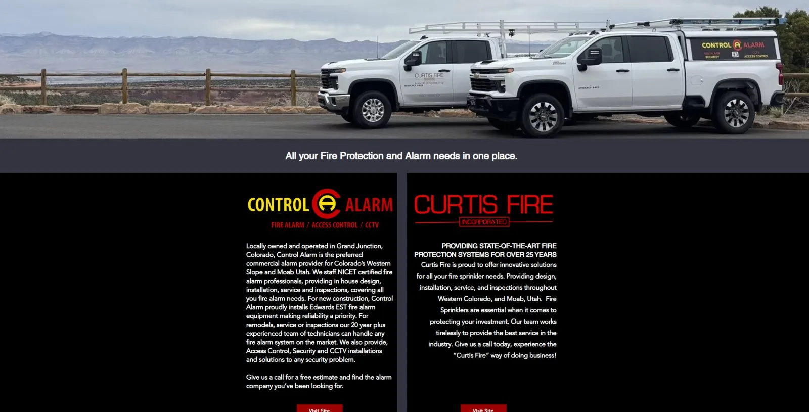 The Control Alarm and Curtis Fire website: two company trucks at a Colorado overlook above both logos.