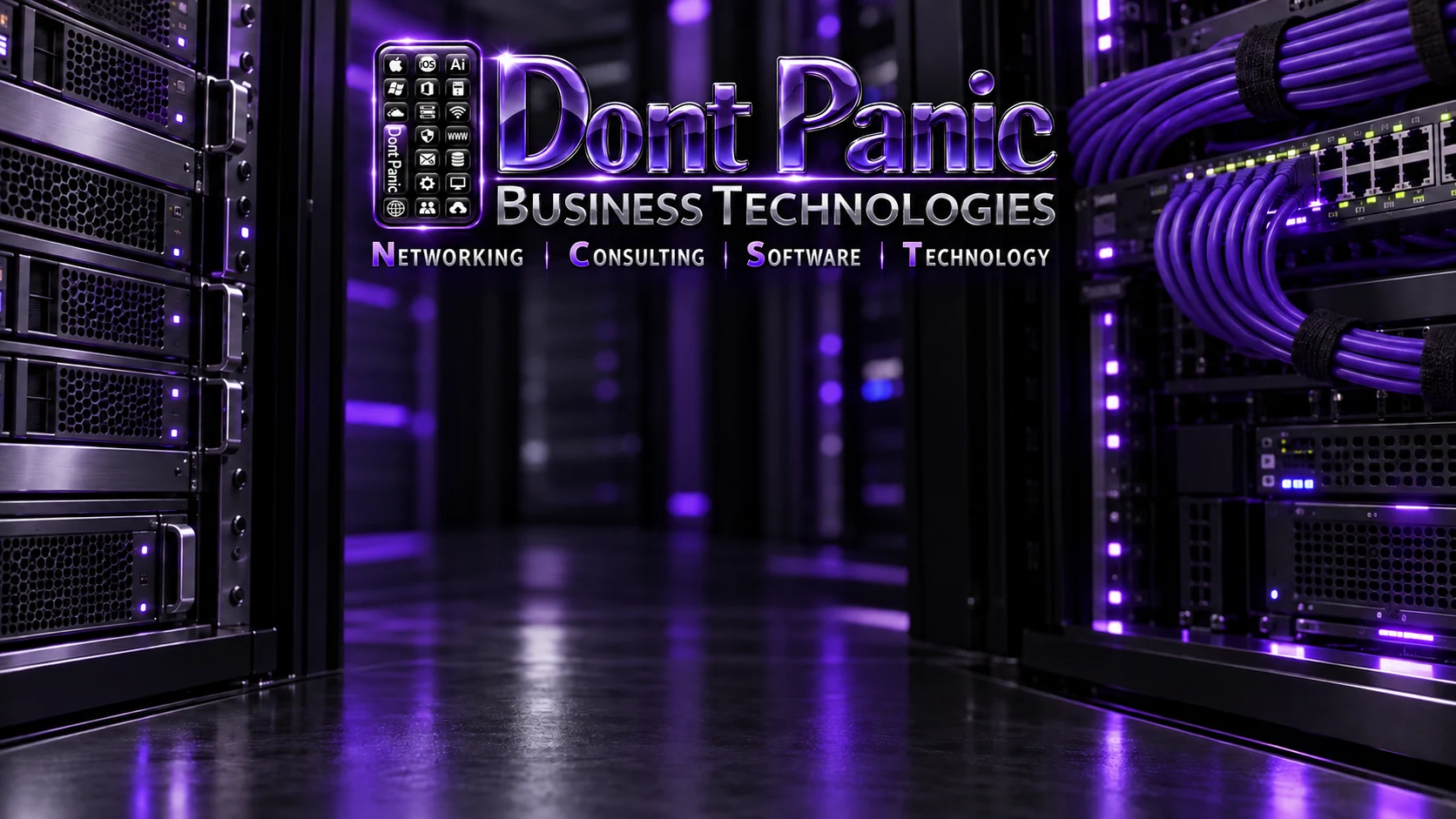Dont Panic Business Technologies purple metallic logo with server and network equipment